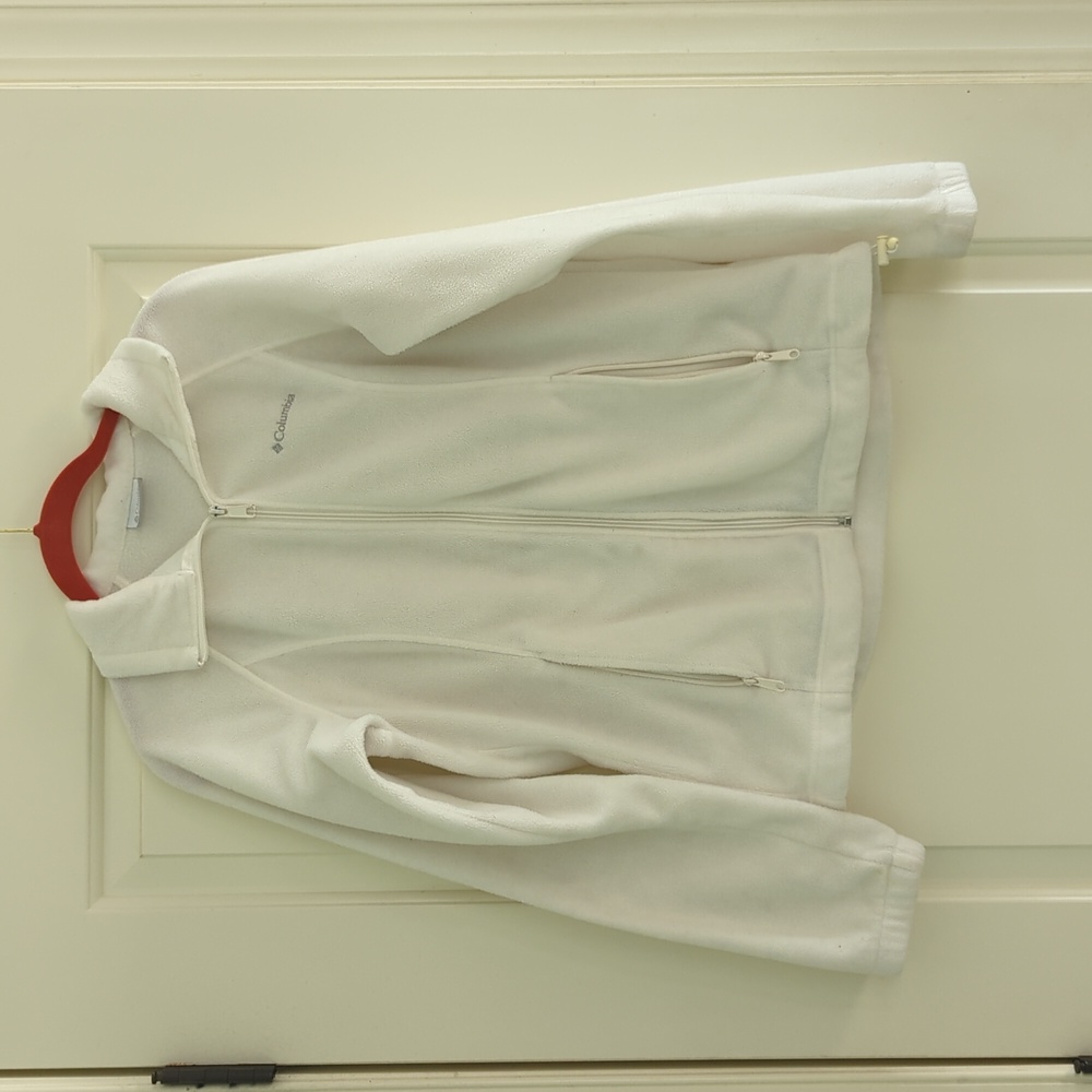 Columbia Women Sz L White Full Zip Up Fleece LS Lightweight Jacket Adjust. Waist